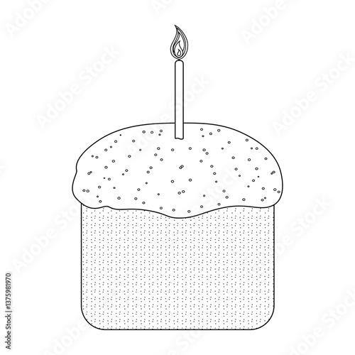 Traditional National Religious Easter cake - kulich - with frosting, sprinkles, and a lit candle in a black and white for coloring page.