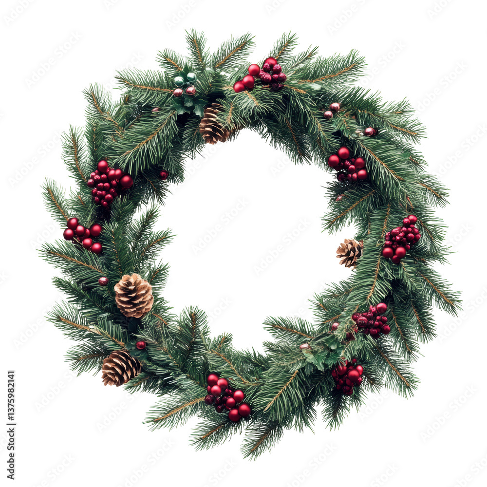 Festive Green Pine Wreath with Red Berries on a white background. Festive Green Pine Wreath with Red Berries on a white background.