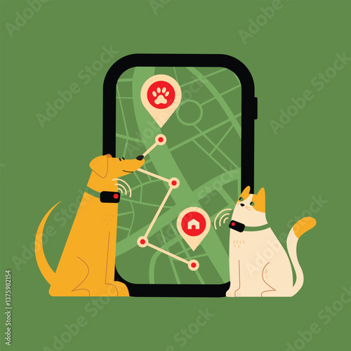 Pets wearing GPS tracking device on collar for safety and adventure, dog and cat health monitoring tag technology. Satellite pet tracker Collar with location detector application