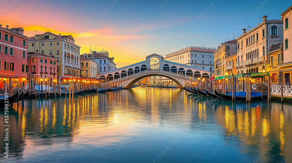 Colorful Buildings and Bridge Reflected in Venice Waterway. Colorful Buildings and Bridge Reflected in Venice Waterway.