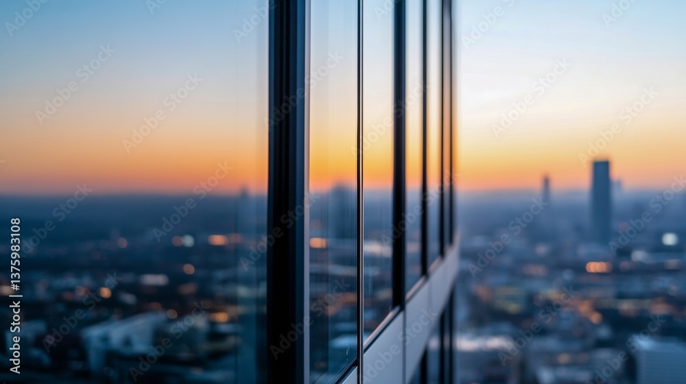 Naklejka premium Sunset reflection on modern building facade in urban skyline with distant city lights