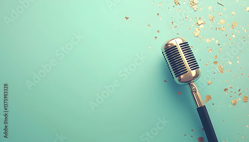 Vintage microphone on teal background with gold confetti; ideal for podcast, music, broadcasting, and retro themes.
