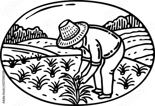 farmer in rural landscape tending crops illustrated agricultural scene, traditional fieldwork depiction