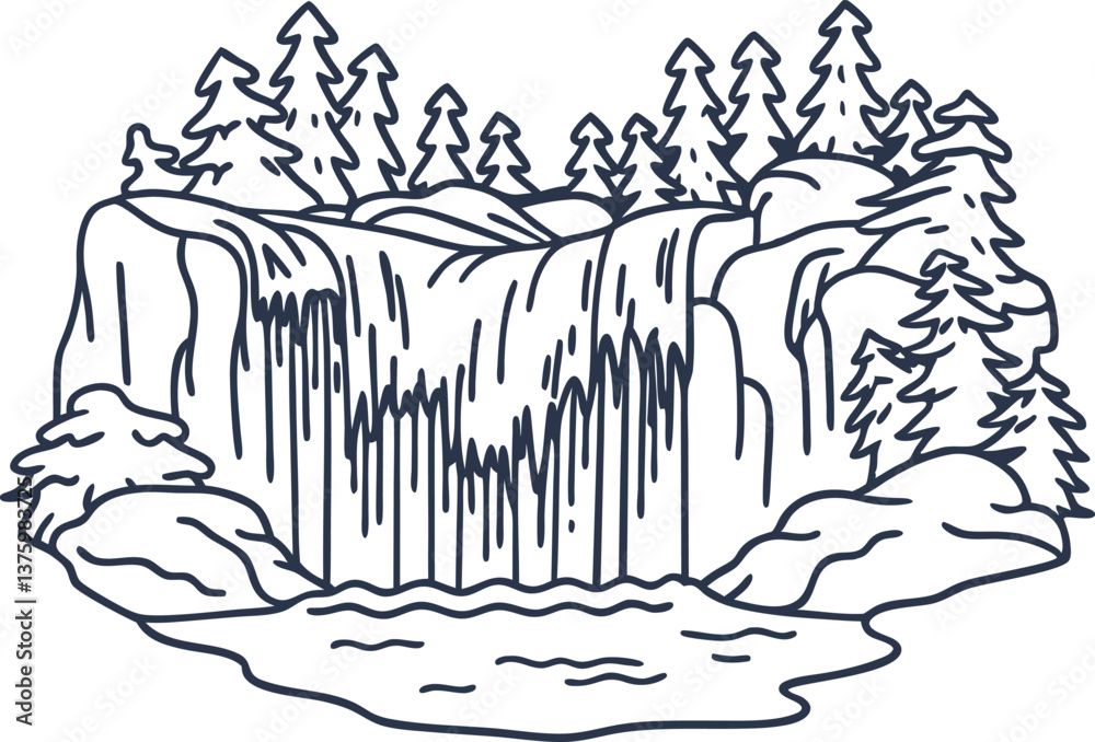 Scenic waterfall scene with trees, rocks, and flowing water nature illustration, forest landscape Scenic waterfall scene with trees, rocks, and flowing water nature illustration, forest landscape