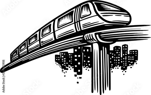 Monorail train in cityscape urban transit system modern transportation, black and white illustration