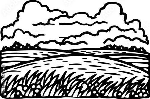 idyllic pastoral landscape with grassy fields and rolling clouds in monochrome illustration