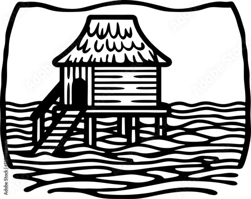 tropical hut on stilts surrounded by waves island getaway, serene ocean retreat, rustic beach house