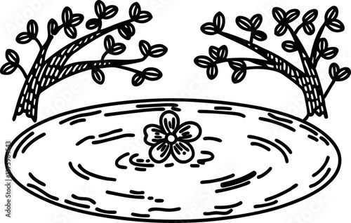 Floral blossom in tranquil pond with symmetrical trees on shores