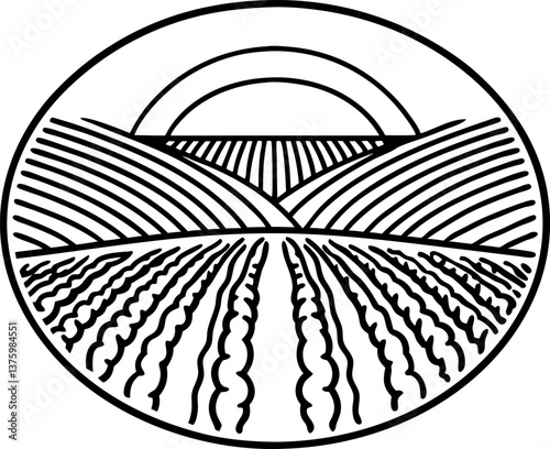 Line art landscape of rolling hills and sunset scene with agricultural fields