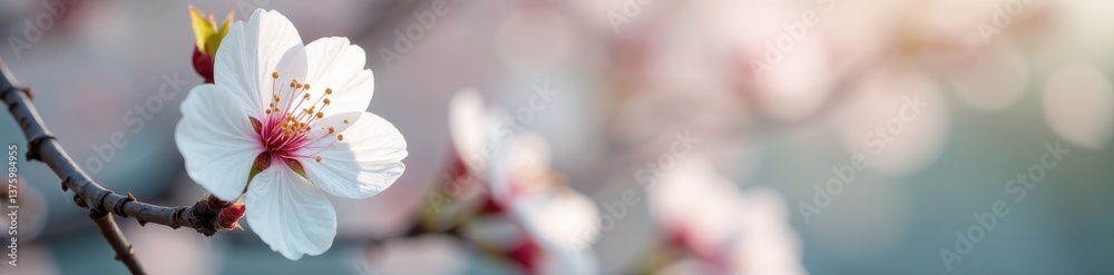 Close-up of single white cherry blossom, soft focus, artistic effect, cherry blossom, artistic, element Close-up of single white cherry blossom, soft focus, artistic effect, cherry blossom, artistic, element