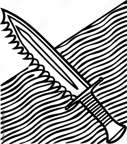 Intricate black and white knife illustration with wavy patterns