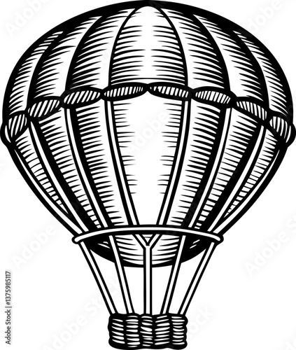 Vintage hot air balloon illustration intricate black ink design with detailed patterns