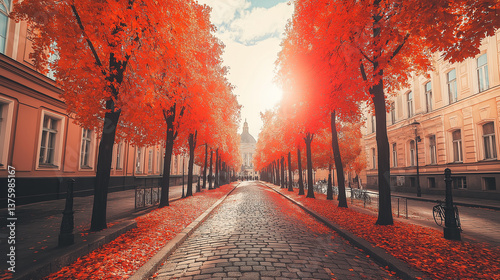 Beautiful Tree Lined Street Covered in Red Autumn Leaves.