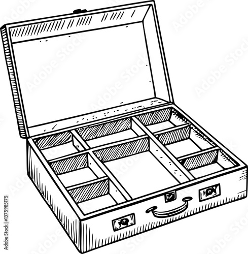 Open wooden box with multiple compartments storage organizer case, vintage style, antique design