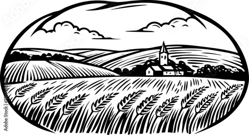 Rural landscape with wheat fields and church countryside scenery, black and white illustration
