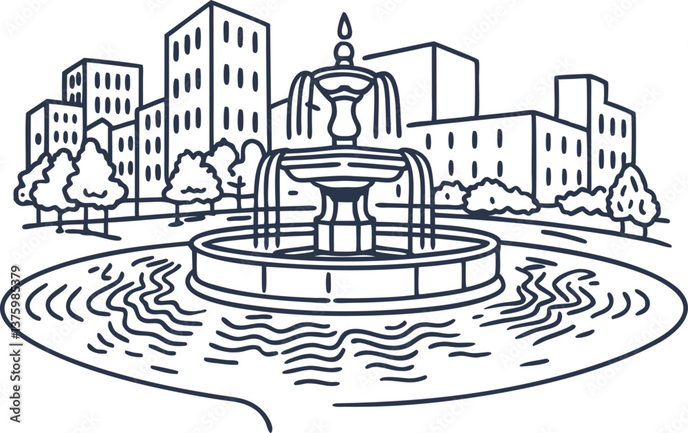city park fountain surrounded by buildings and trees, urban skyline, tranquil outdoor scene