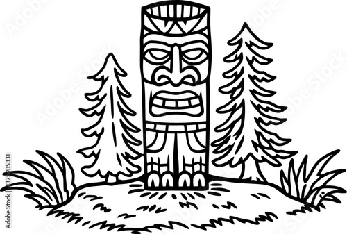 Tribal totem pole surrounded by pine trees, symbolizing cultural heritage in forest setting