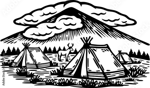 Teepee tents by mountain serene wilderness and natural landscape with deer