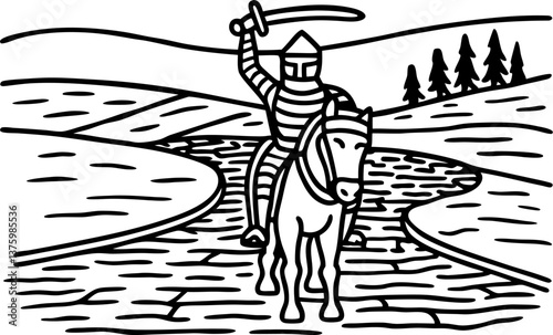 knight on horseback in medieval landscape setting with sword raised, black and white illustration