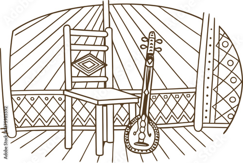 Traditional musical instrument and wooden chair in yurt setting, cultural heritage interior design