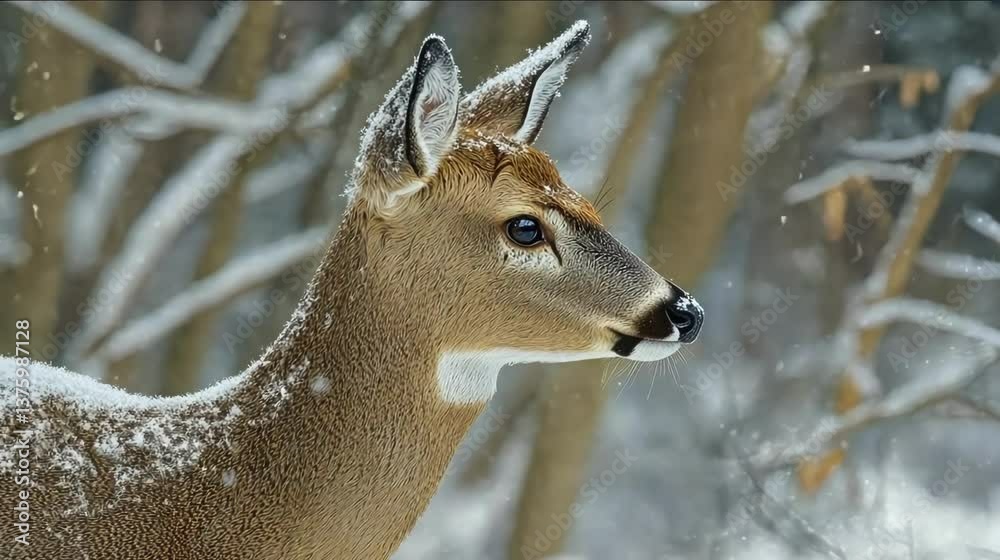 A close-up of a deer in a snowy forest, showcasing its beautiful features and nature. A close-up of a deer in a snowy forest, showcasing its beautiful features and nature.