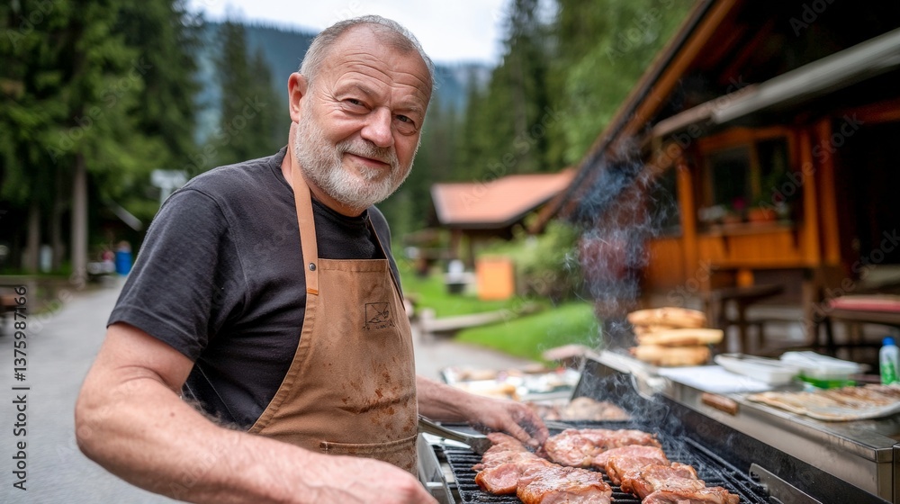 Grilling meat outdoors in a serene forest setting during a sunny day with a smiling chef