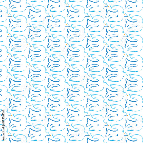 Handgezeichnete Tauben in Blautönen in einem nahtlosen Muster. Vektorillustration. Geeignet für Textilien, Wallpaper, Geschenkpapier.