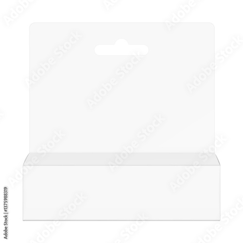 Hanging packaging box mockup for cosmetics, accessories. Front view. Vector illustration isolated on white background. Ready and simple to use for your design. EPS10.