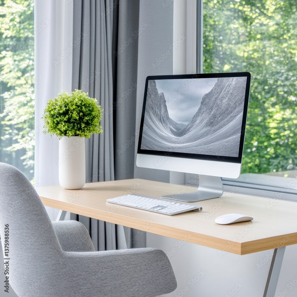 Naklejka premium Light and airy home office features a light wood desk, gray chair, computer displaying a scenic landscape, and a small green plant. Natural light streams from a large window.