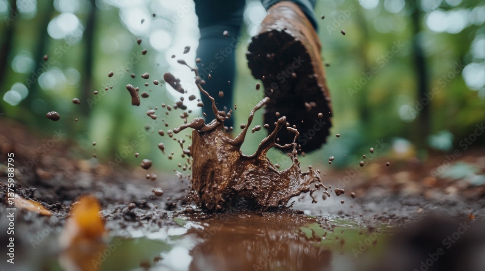 Person running through muddy trail in a forest during a rainy day capturing splashes of water