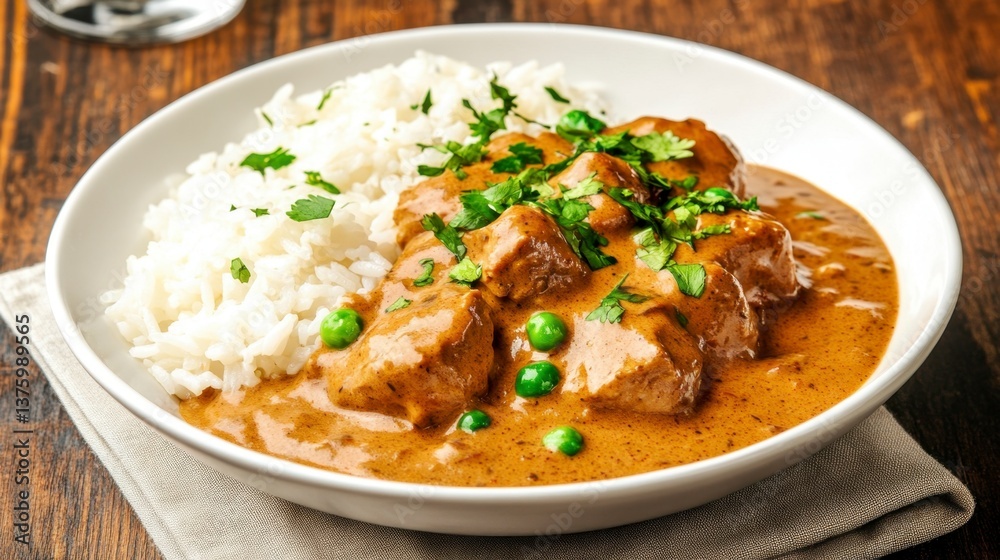 Aromatic brown curry with tender meat chunks, served over fluffy white rice and garnished with fresh green peas and cilantro. The dish is presented in a white bowl on a rustic wooden table. Aromatic brown curry with tender meat chunks, served over fluffy white rice and garnished with fresh green peas and cilantro. The dish is presented in a white bowl on a rustic wooden table.