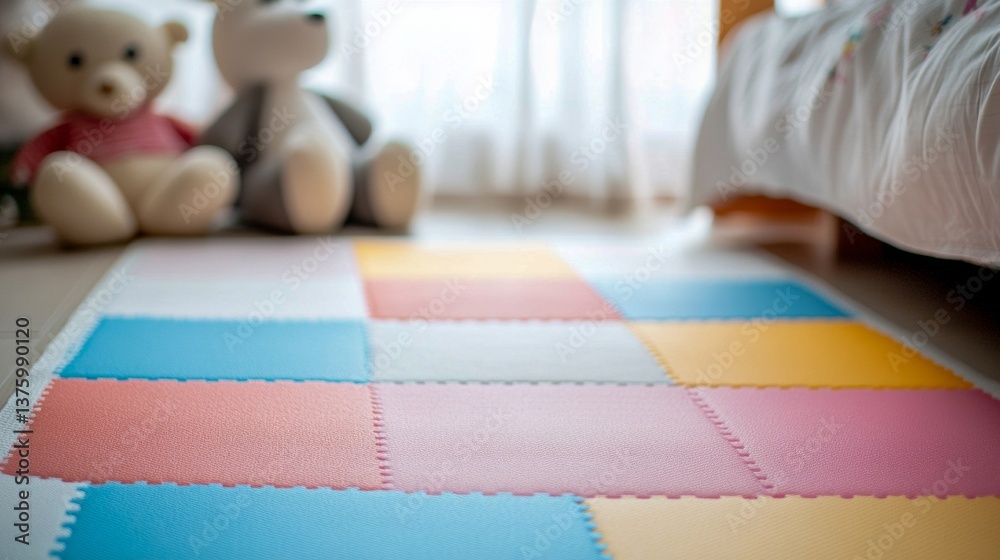 Colorful play area with soft mats and stuffed animals in a bright bedroom setting