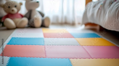 Obraz na płótnie Colorful play area with soft mats and stuffed animals in a bright bedroom setting w salonie