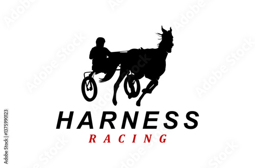 harness racing horse and chariot, with flat road background, logo, illustration