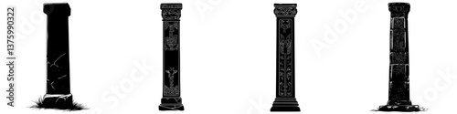 Ancient stone pillars with intricate designs in a historical outdoor setting during the day
