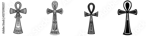 Ancient symbols celebrating life, inkwell artwork showcasing various ankh designs against a plain backdrop