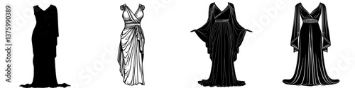 Elegant dress designs showcasing flowing fabrics and timeless silhouettes for various occasions in fashion illustration