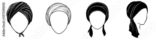 Various styles of head coverings displayed in a minimalist black and white design showcasing modern fashion trends