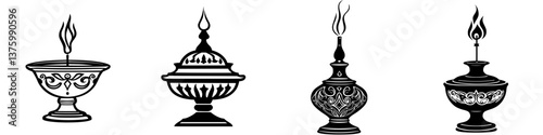 Decorative oil lamps in various designs showcasing intricate patterns and flames