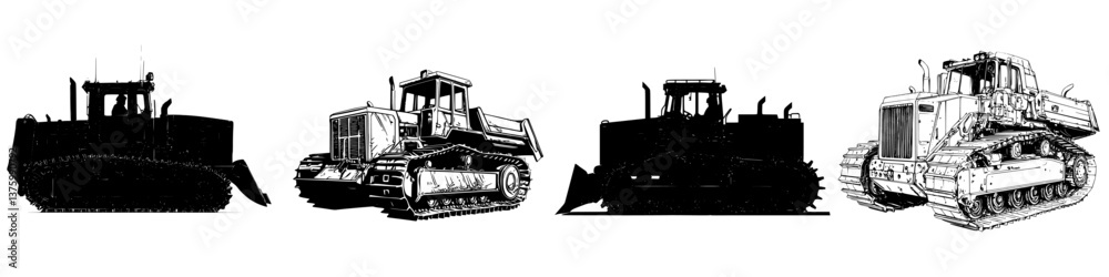 Various bulldozer models displayed side by side showcasing their design and structural features against a plain background Various bulldozer models displayed side by side showcasing their design and structural features against a plain background