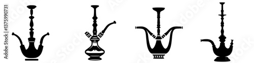 Different styles of traditional water pipes arranged in a row showcase cultural smoking practices