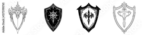 Detailed illustrations of ornate shields representing different symbols and designs crafted with precision and creativity