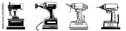 Vintage electric tools displayed on a white background showcasing their unique designs and craftsmanship