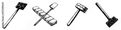 Different styles of mallets arranged on a white background showcasing their unique designs and functions in crafting and construction