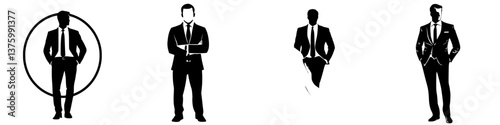 Silhouetted men in suits demonstrate confidence and elegance in various poses against a white background
