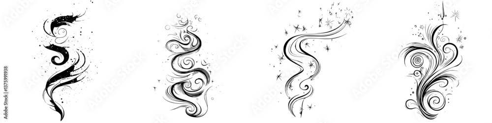 Swirling black and white decorative patterns showcasing elegant, abstract design elements with a touch of whimsy and fluidity