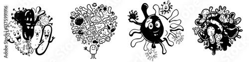 Creative illustrations of fun microorganisms and bacteria in playful styles showcasing various forms and expressions