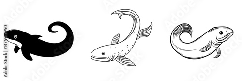 Different styles of fish illustrations showcasing variety in design and form with unique characteristics presented clearly