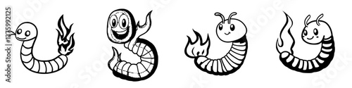 Illustrations of playful cartoon worms with flames representing different emotions and activities in a playful style