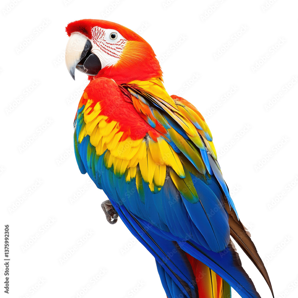 Naklejka premium Vibrant Scarlet Macaw on Black Background on a white background.